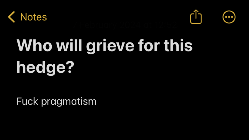 A screenshot of a Notes app. The background is black. The note says Who will grieve for this hedge? Fuck pragmatism.
