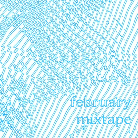 a blue and white tile with an abstract pattern on it, with the words 'february mixtape' in a serif font.